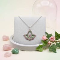 AKA Ivy Leaf Rhinestone Pendant Chain Necklace: Pink and Green / Rhodium / 16 + 3 inches