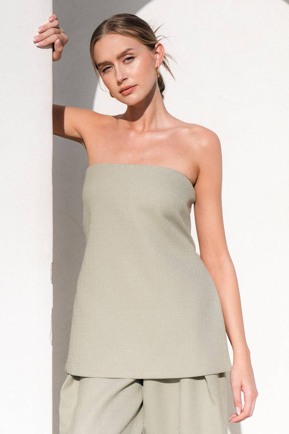 Francis Front Pleat Tailored Pant or Strapless Woven Side Slit Top -OLIVE or IVORY
