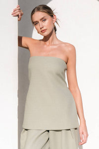 Francis Front Pleat Tailored Pant or Strapless Woven Side Slit Top -OLIVE or IVORY
