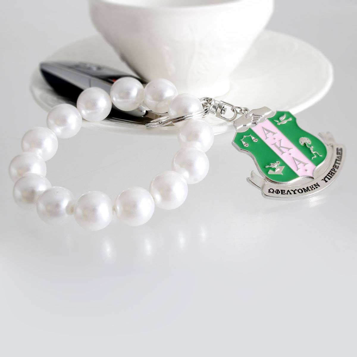 AKA White Pearl Shield Keychain 7 x 2 inches / White / Rhodium