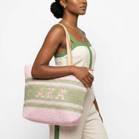 AKA Faded Pink Raffia Embroidered Beach Tote Bag
