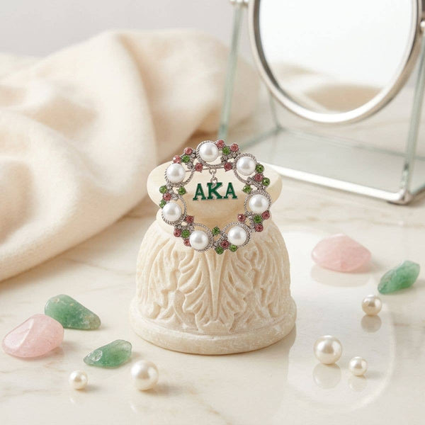 AKA White Pearl and Rhinestone Wreath Brooch Pin: Pink and Green / Rhodium / 2.15 inches
