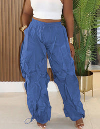 Ruched Drawstring Trousers Wide-Leg Parachute Pants: Green / S