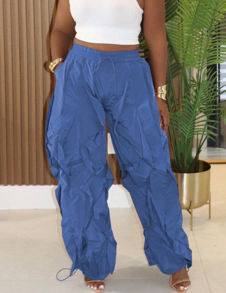 Ruched Drawstring Trousers Wide-Leg Parachute Pants: Red / M
