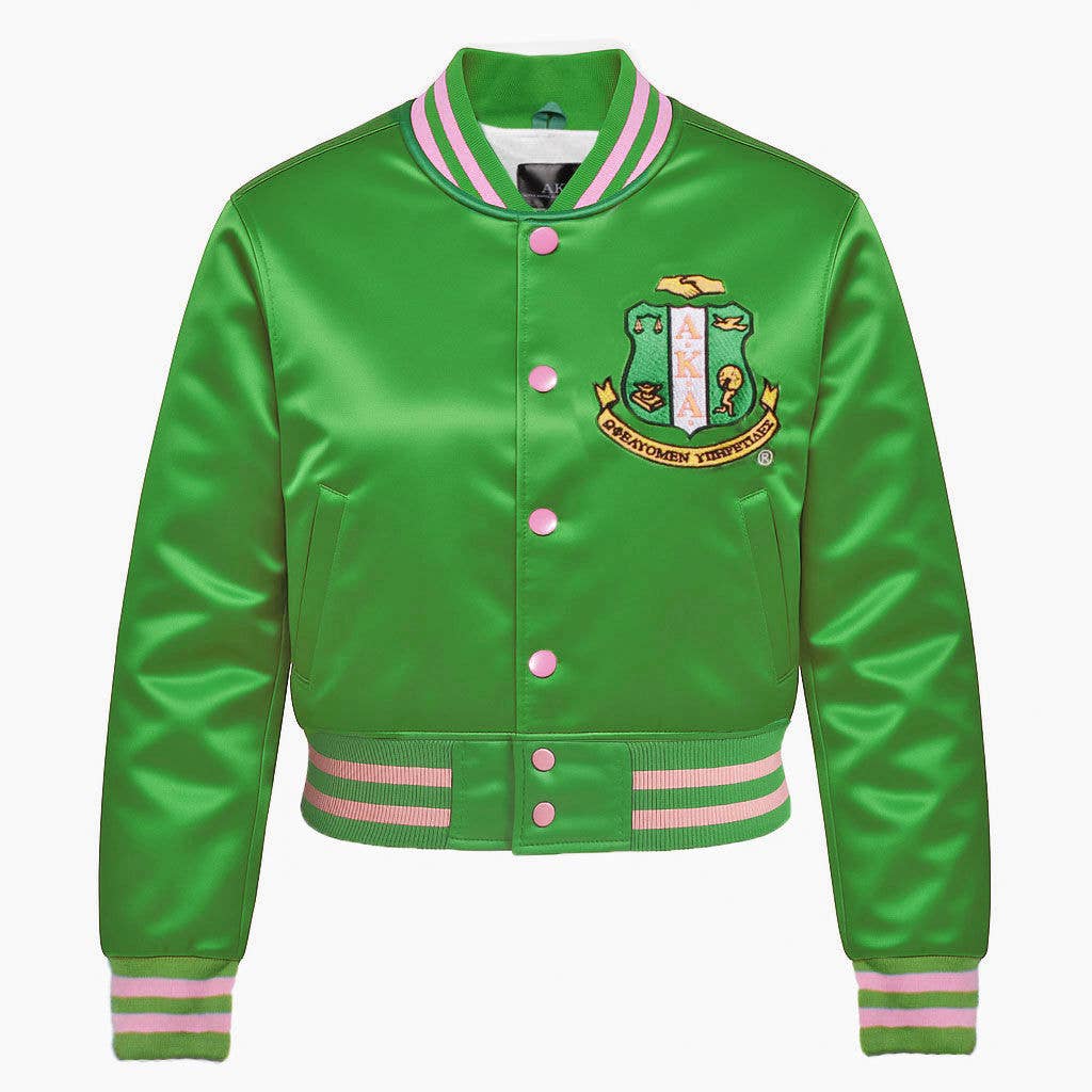 AKA Greek Apparel M Cropped Satin Varsity Jacket