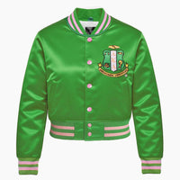 AKA Greek Apparel M Cropped Satin Varsity Jacket