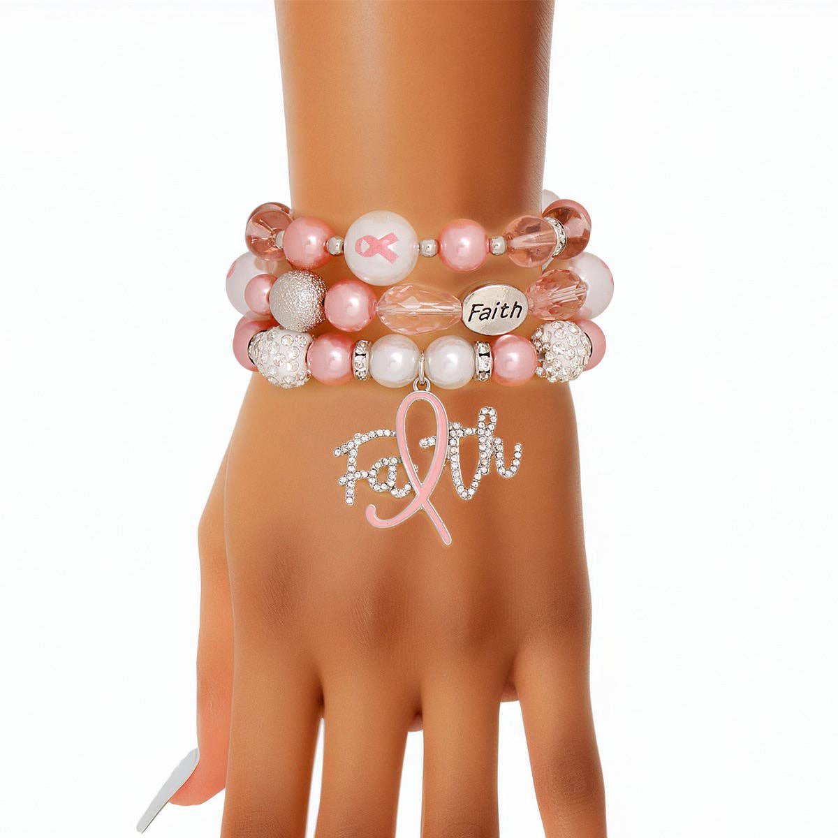 Bracelets Light Pink Breast Cancer Faith Set Women: Light Pink / Rhodium / Stretch to Fit