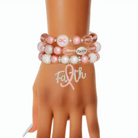 Bracelets Light Pink Breast Cancer Faith Set Women: Light Pink / Rhodium / Stretch to Fit