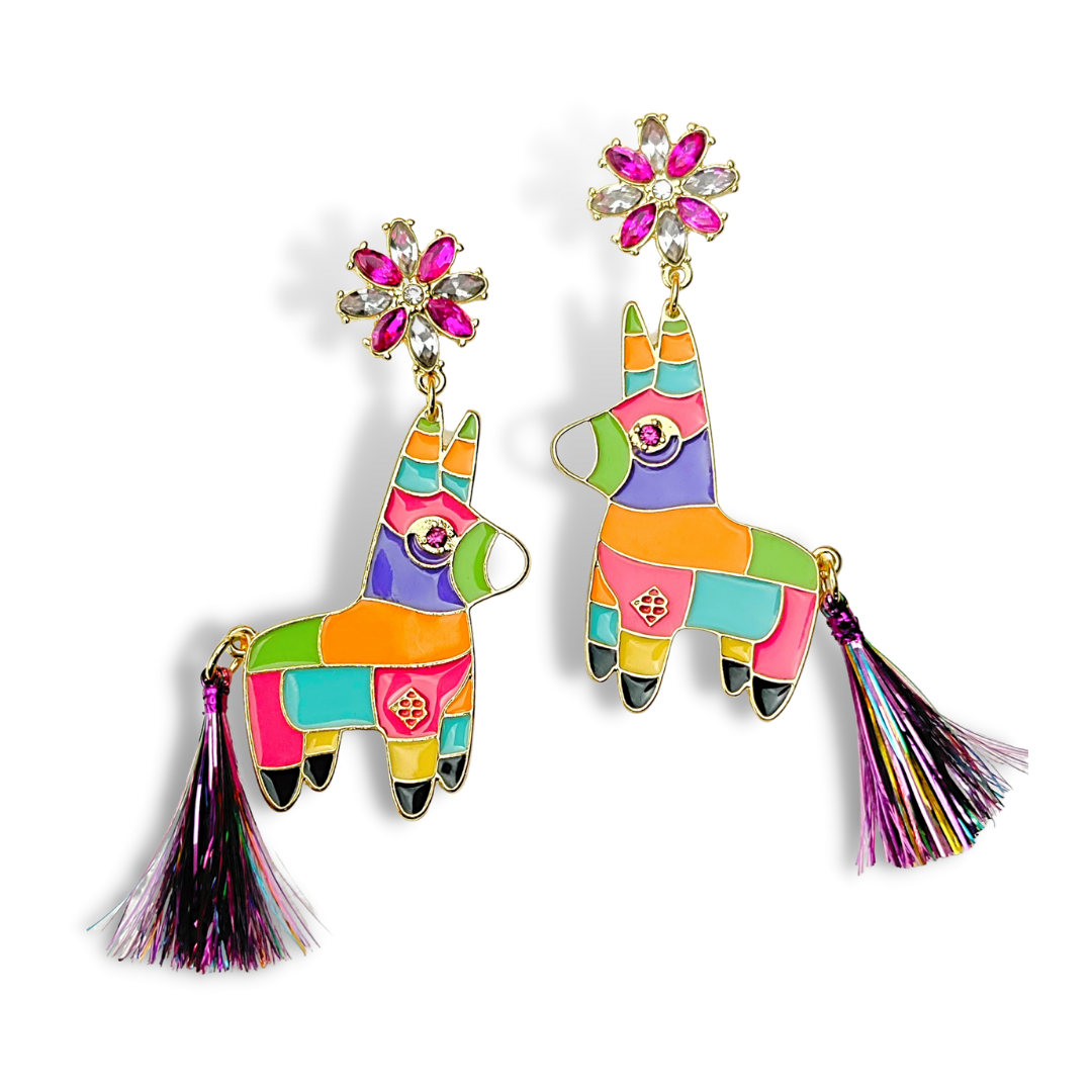 Burro Piñata Earrings with Metallic Tassel Tail