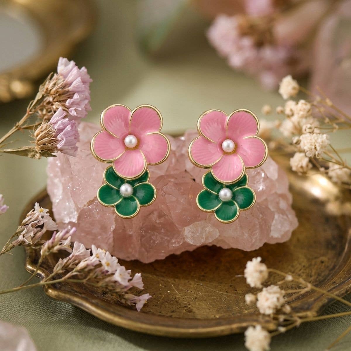 14K Gold Pink Green AKA Double Flower Earrings: Color: Pink and Green / Plating: Gold / Size: 2 x 1.35 inches