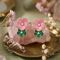 14K Gold Pink Green AKA Double Flower Earrings: Color: Pink and Green / Plating: Gold / Size: 2 x 1.35 inches