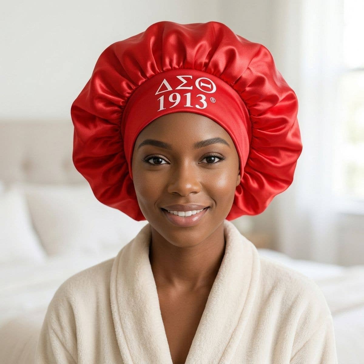 DST Red Silky Satin & Contrast Band Sleep Bonnet: Red and White / Multi Tone / Stretch to Fit