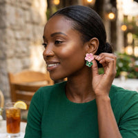 14K Gold Pink Green AKA Double Flower Earrings: Color: Pink and Green / Plating: Gold / Size: 2 x 1.35 inches