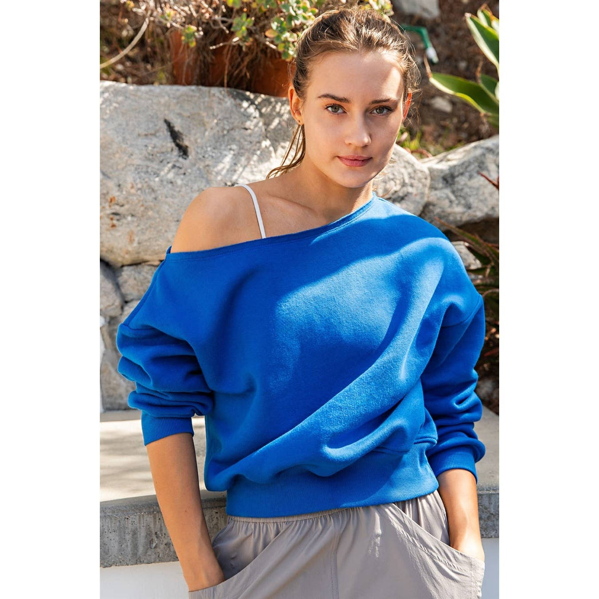 FRENCH TERRY FLEECE OFF SHOULDER TOP: Peach Pink / S-M-L(2-2-2)