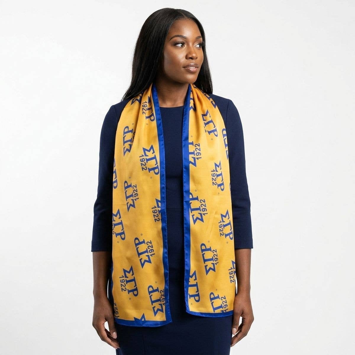 SGRHO Long Blue and Yellow 1922 Rectangle Scarf: Color: Gold and Blue / Plating: Multi Tone / Size: 64 x 16 inches