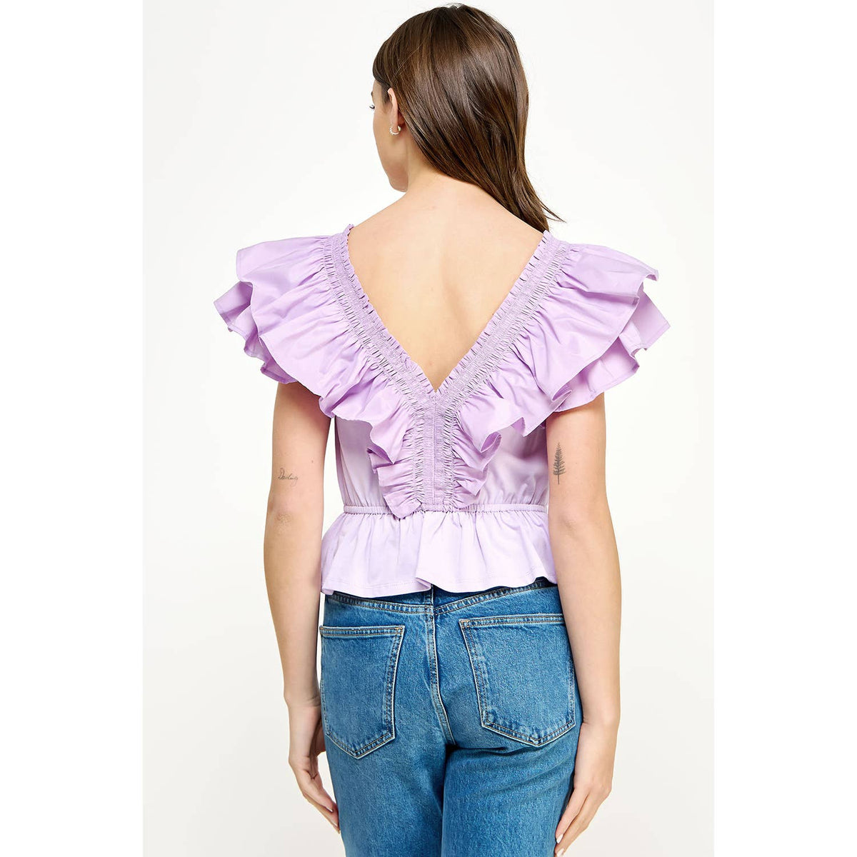 Riley Ruffled Poplin Detail Knit Top: Lilac or Off White