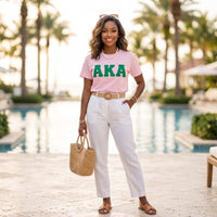 AKA Embroidered Patch M T-Shirt Sorority Apparel: Pink and Green / Multi Tone / Medium