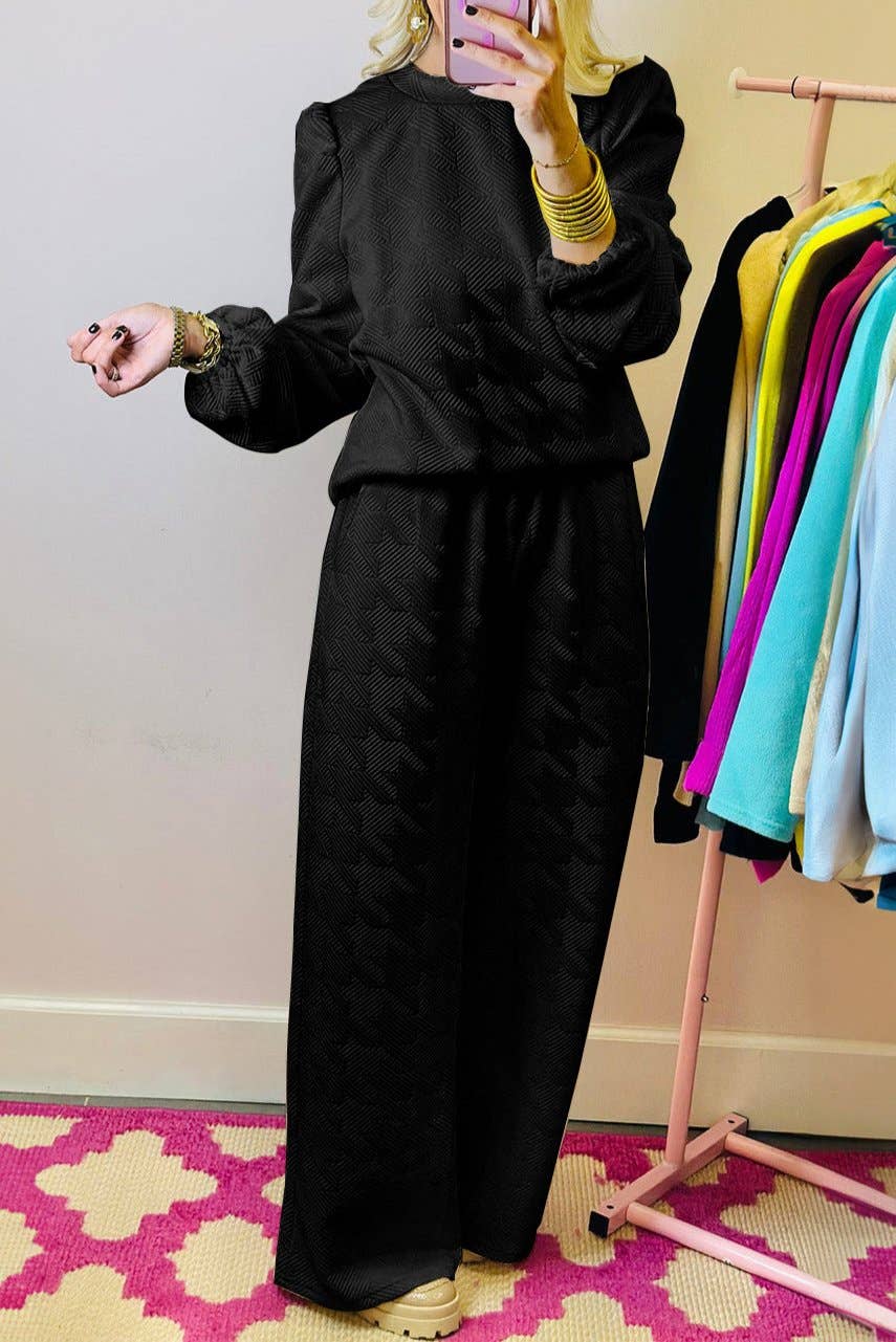 Puff Sleeve Top and Pants Set: Rose Red  or Black
