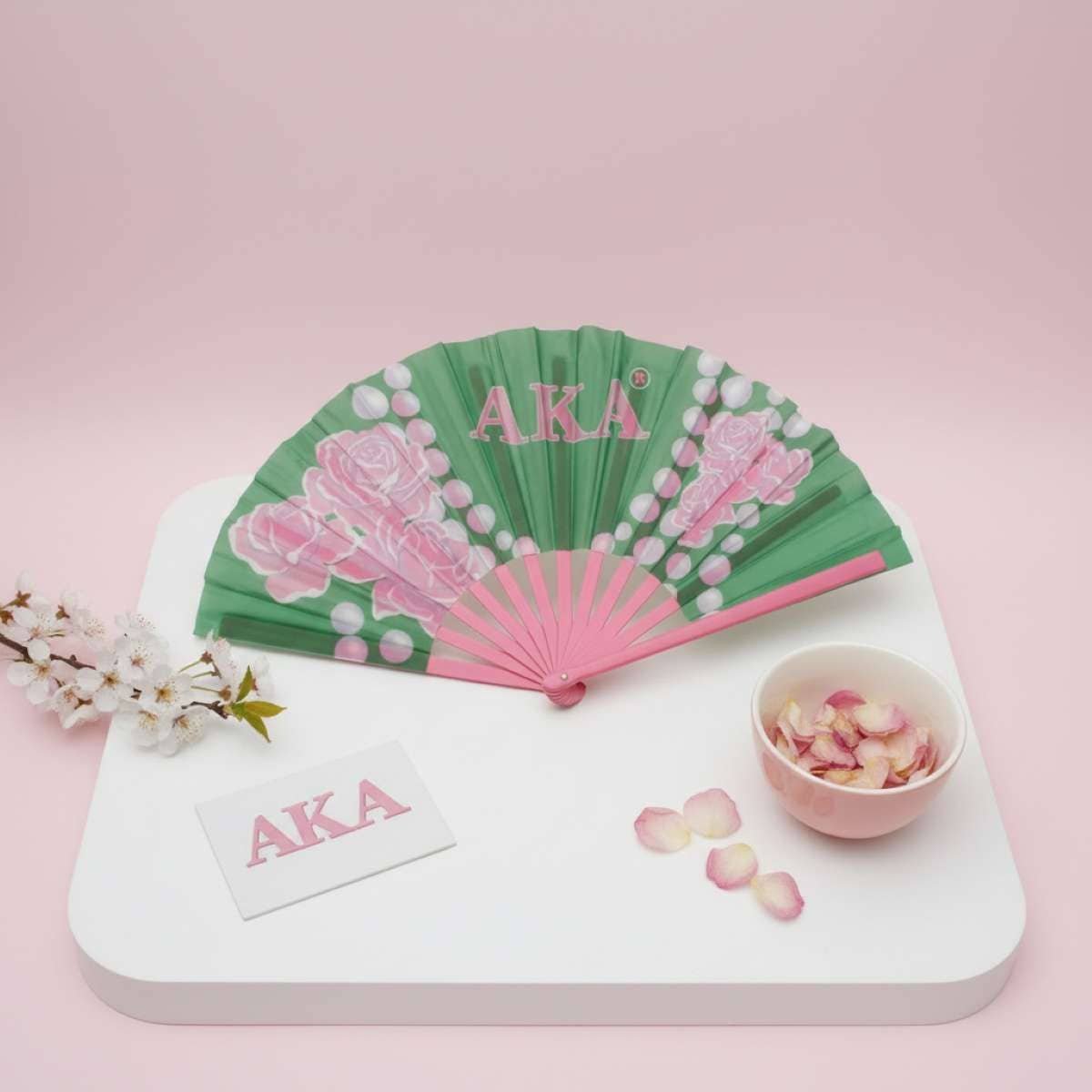 AKA Sorority Large Floral Pearl Print Fabric Fan: Pink and Green / Multi Tone / 13.5 x 25 inches
