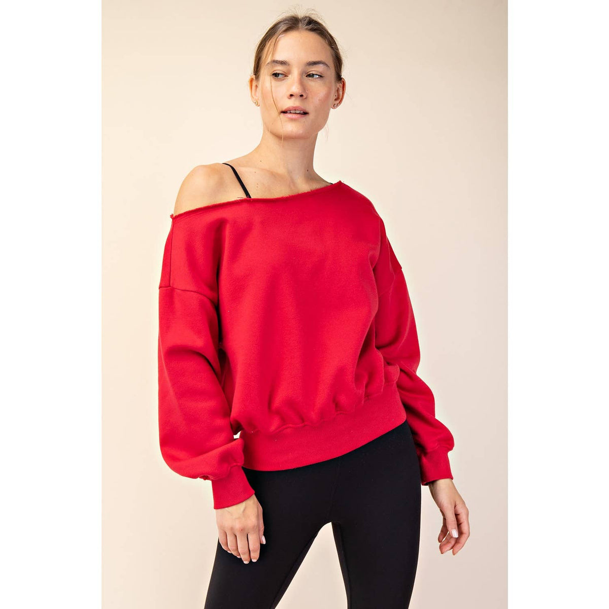 FRENCH TERRY FLEECE OFF SHOULDER TOP: True Red / S-M-L(2-2-2)