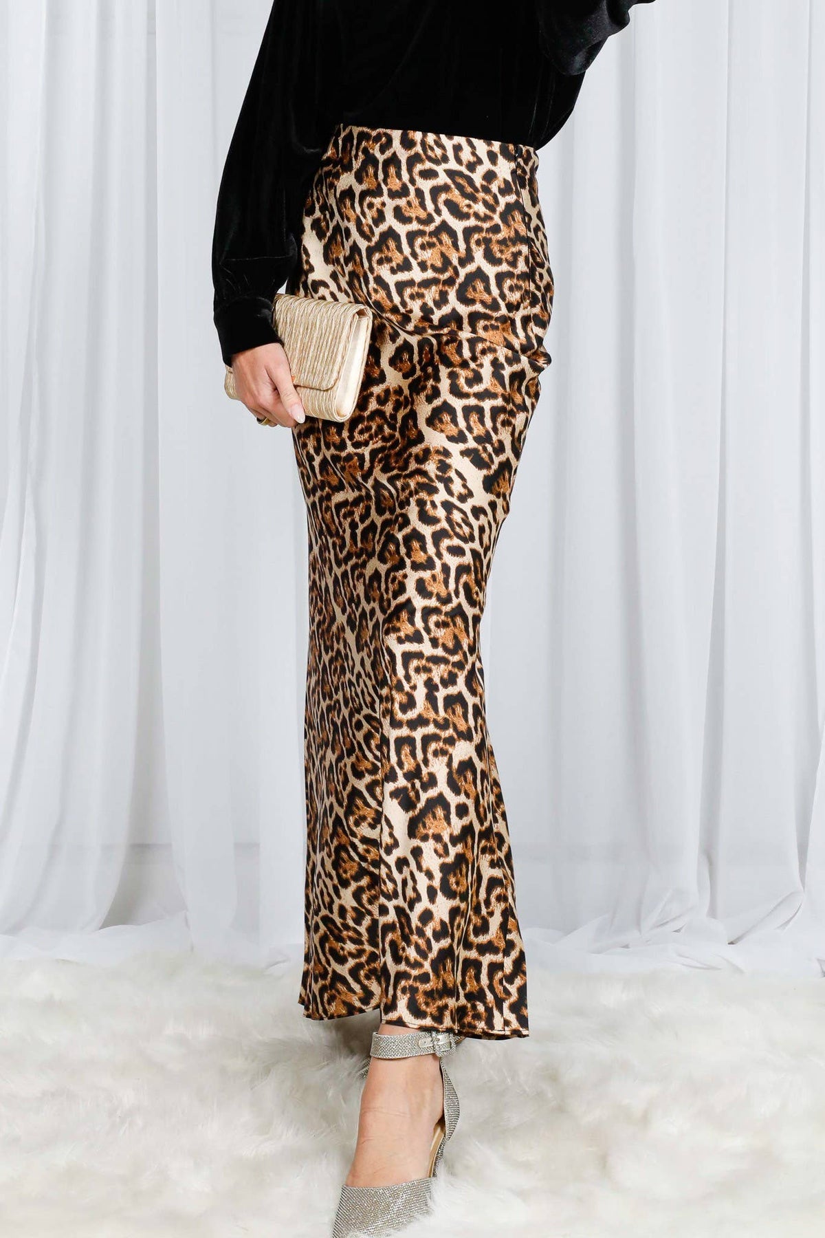 Henley Neck Elastic Smocked Leopard Print Blouse or  Leopard Print Bias Cut Satin Maxi Skirt