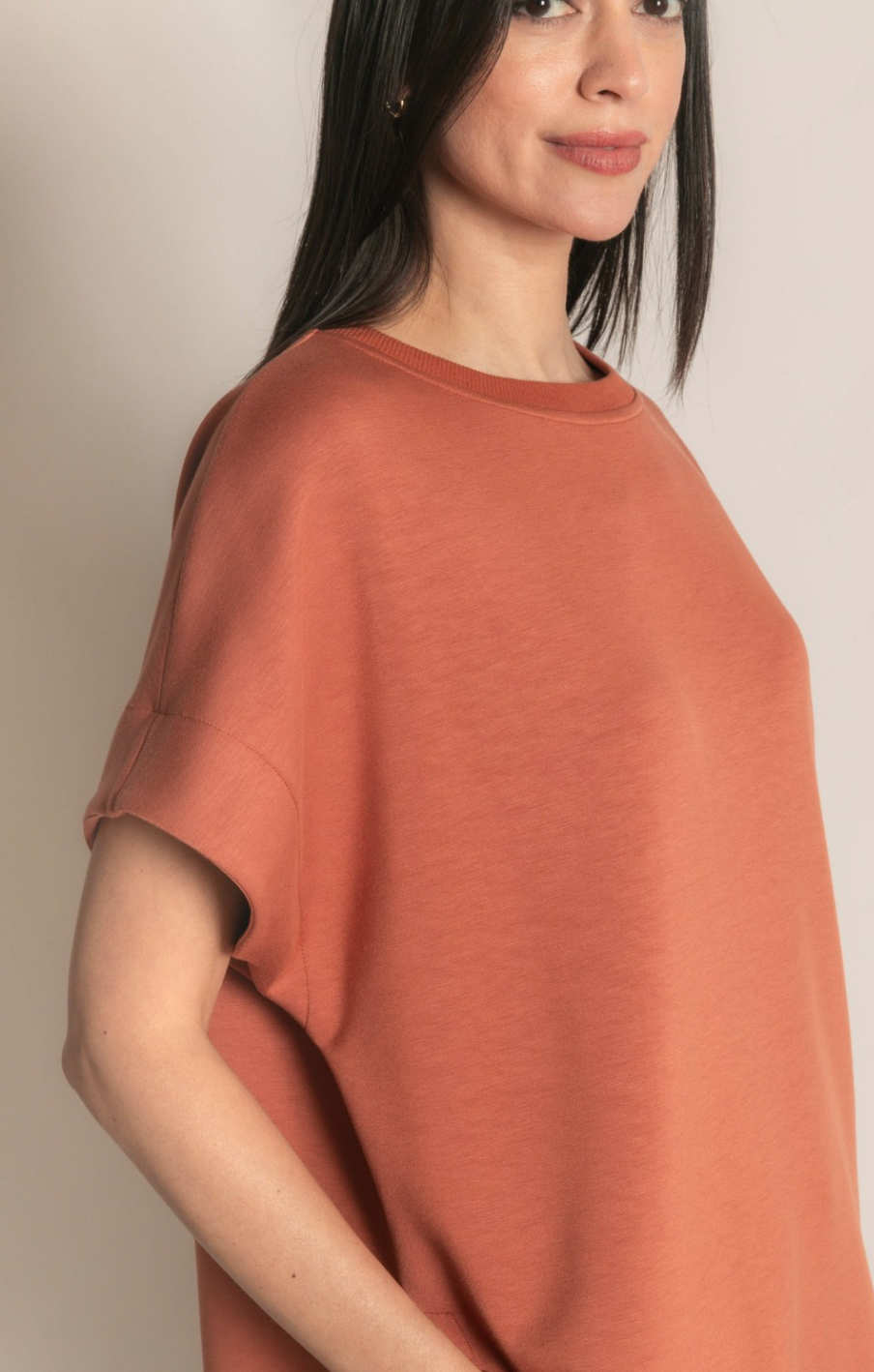 P. CILL Butter Modal Contrast Rib Short Sleeve Tunic Top