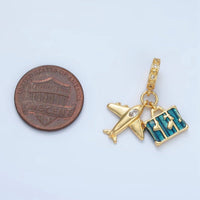 24K Gold Filled Airplane Suitcase Micro Paved CZ Rhondelle Bail Drop Travel Pendant | E362
