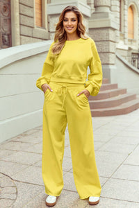 Vivian Drop Shoulder Crop Pullover Drawstring Wide Leg Pants Set