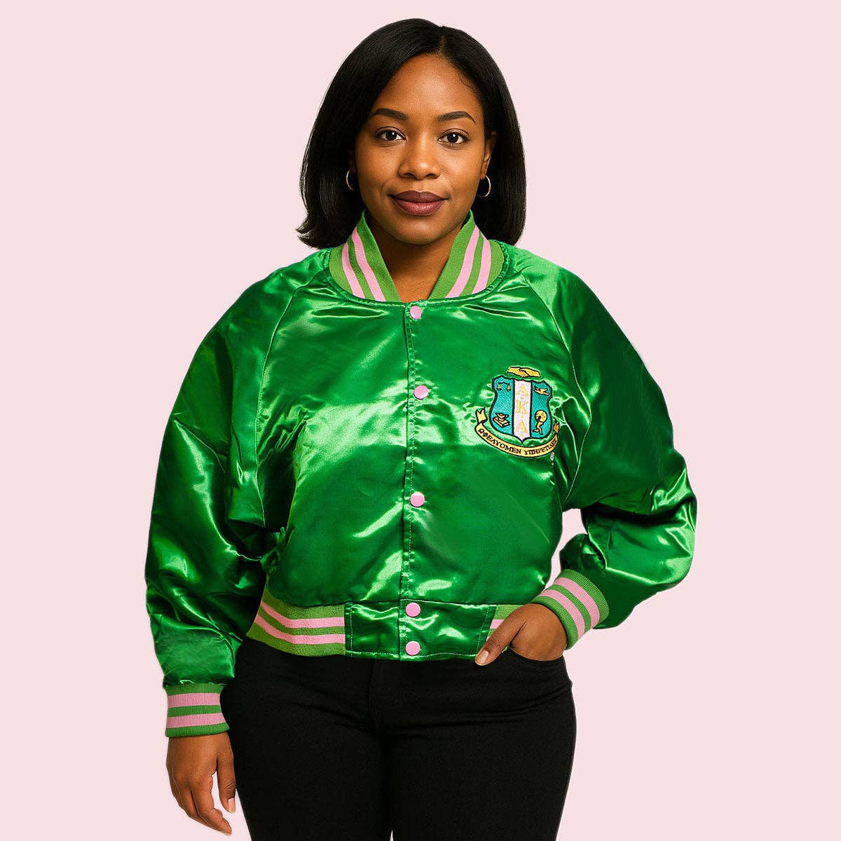AKA Greek Apparel Cropped Satin Varsity Jacket