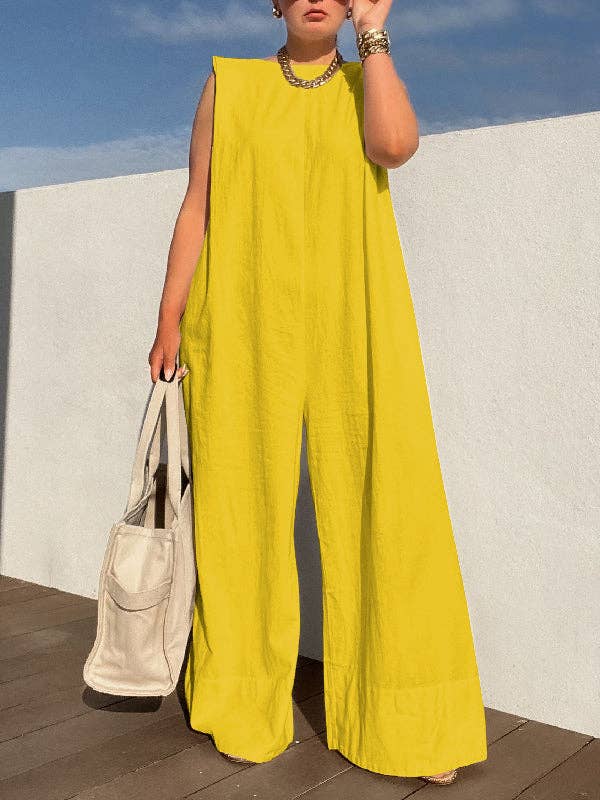 Sleeveless Wide Leg Shoulder Pad Solid Color Jumpsuits: GREEN / M