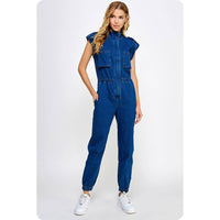 Kyra High Neck Sleeveless Denim Jumpsuit: Denim and Black Denim