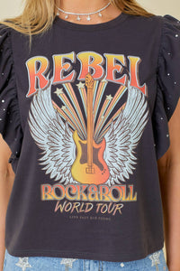 Rock n Roll Print Rhinestone Ruffle Top: CHARCOAL