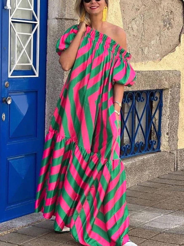 Janie Sexy Loose One-Shoulder Print Flared Sleeve Dress: GreenPink