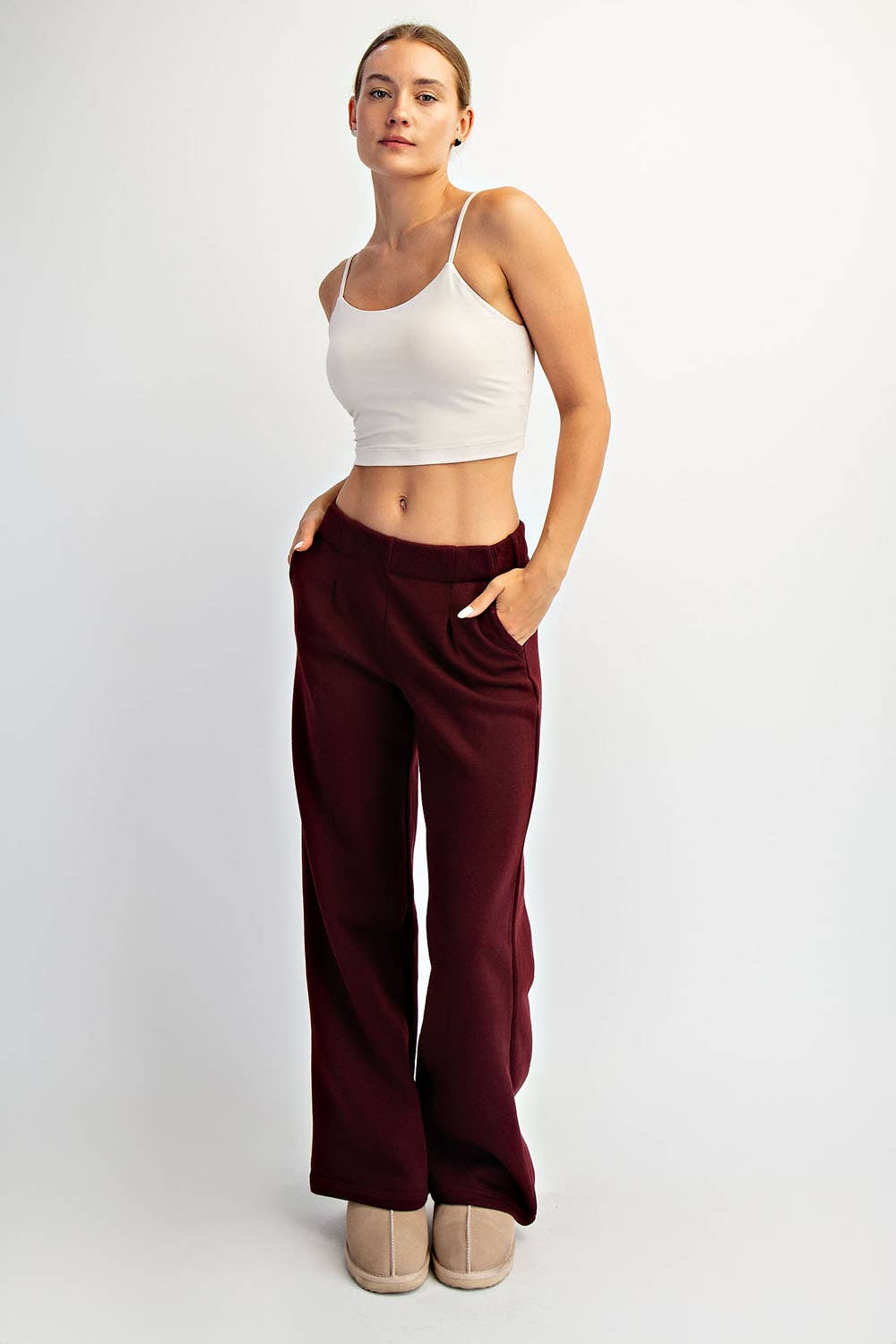 FLEECE PLEATED TROUSER: Dk Cherry / S-M-L(2-2-2)