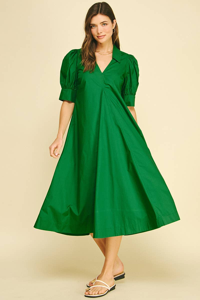 Harriet Grass Green V-NECK PLEATED A-LINE DRESS
