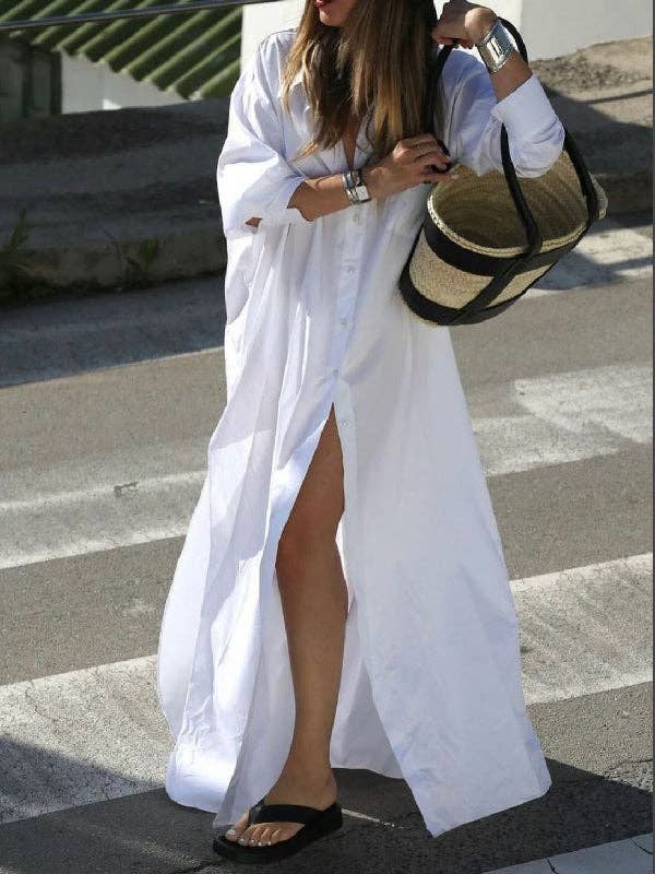 Long Sleeves Loose Buttoned Solid Color Split-Side Lapel Maxi Shirt Dress: WHITE / M