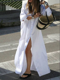 Long Sleeves Loose Buttoned Solid Color Split-Side Lapel Maxi Shirt Dress: WHITE / M