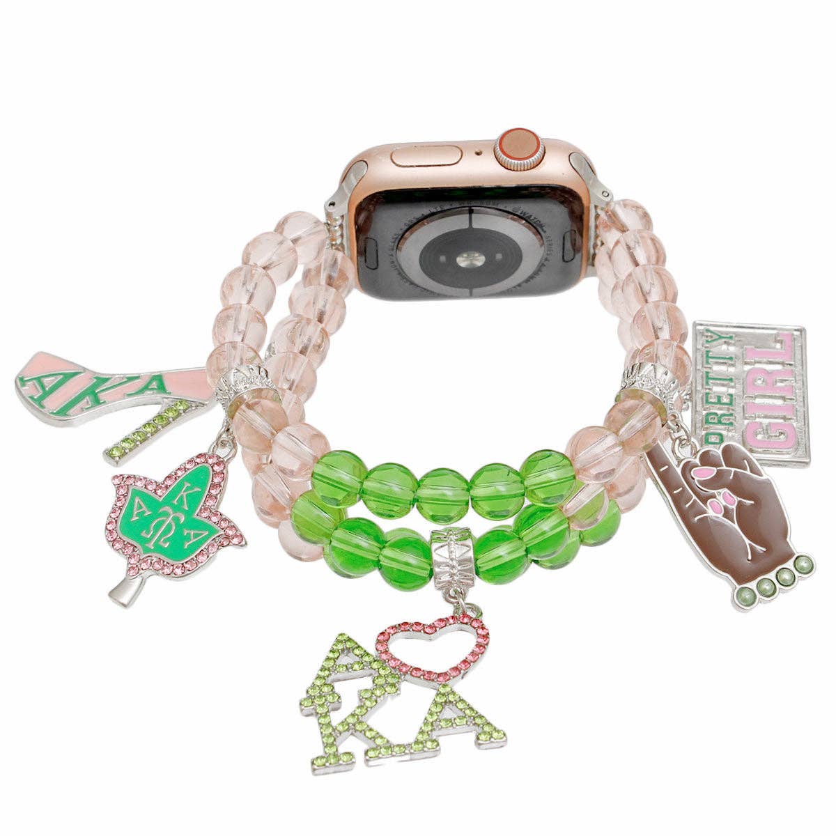 AKA Sorority Pink Green Glass Watch Band for Women: Pink and Green / Rhodium / Stretch to Fit