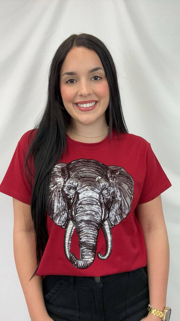 T-Town Elephant Tusks Univ of Alabama | Women's Sequin Design Tee (Crimson):