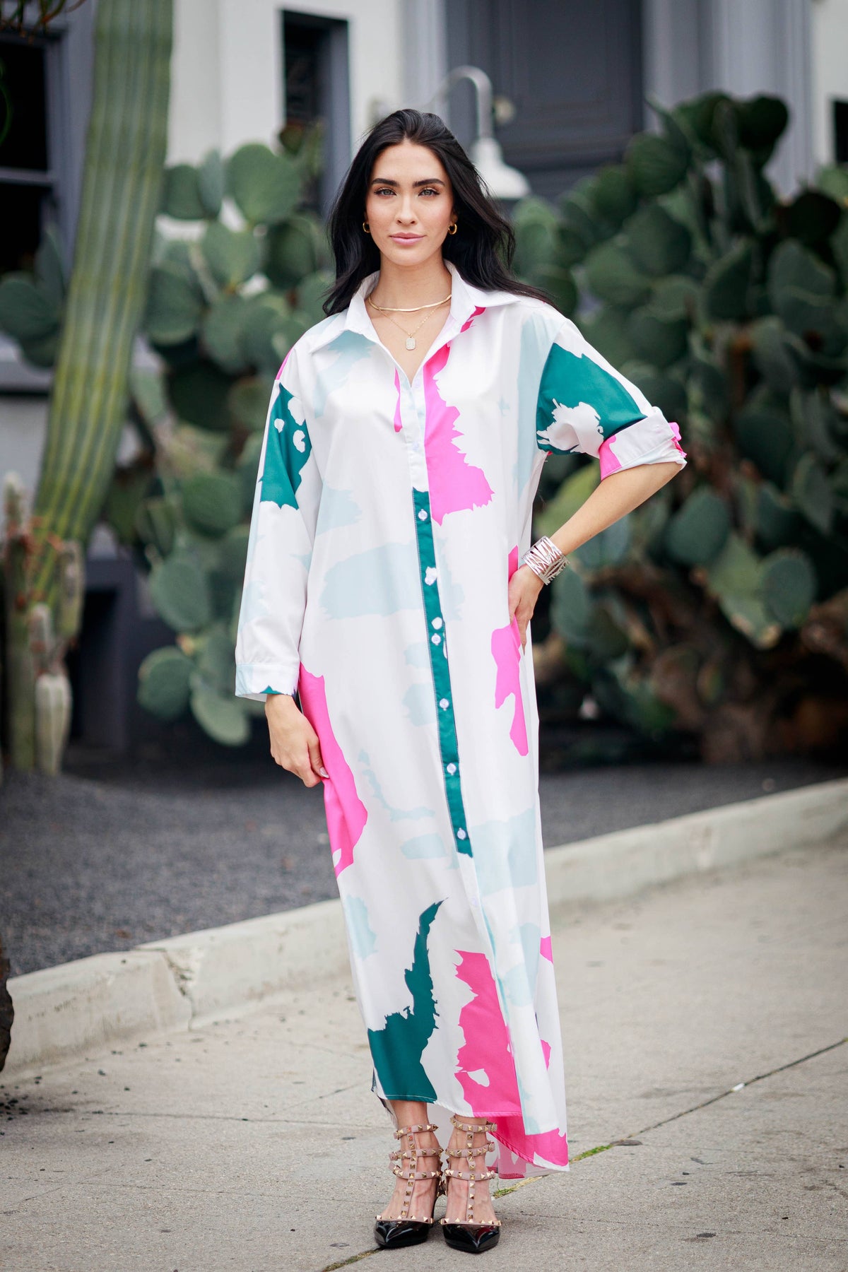 Long Sleeves Maxi Shirt Dress: Maroon / Medium