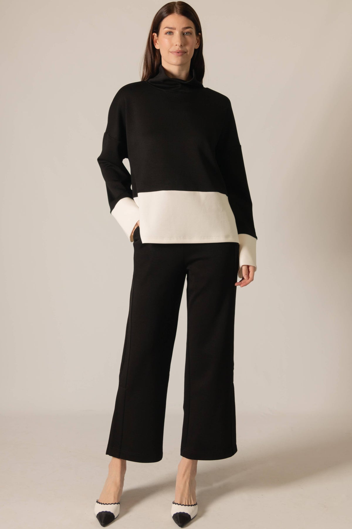 P. CILL Butter Modal Color Block Mock Neck Top: Black-Ivory