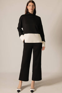 P. CILL Butter Modal Color Block Mock Neck Top: Black-Ivory
