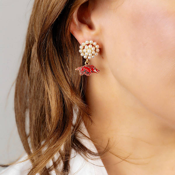 CANVAS STYLE CHARM BAR-Arkansas Razorbacks Pearl Cluster Enamel Drop Earrings