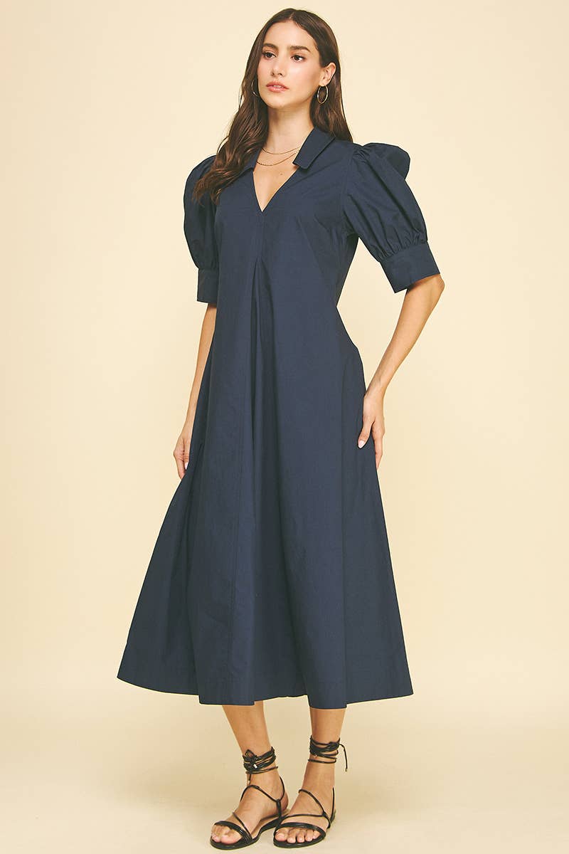 Harriet Navy V-NECK PLEATED A-LINE DRESS