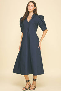 Harriet Navy V-NECK PLEATED A-LINE DRESS