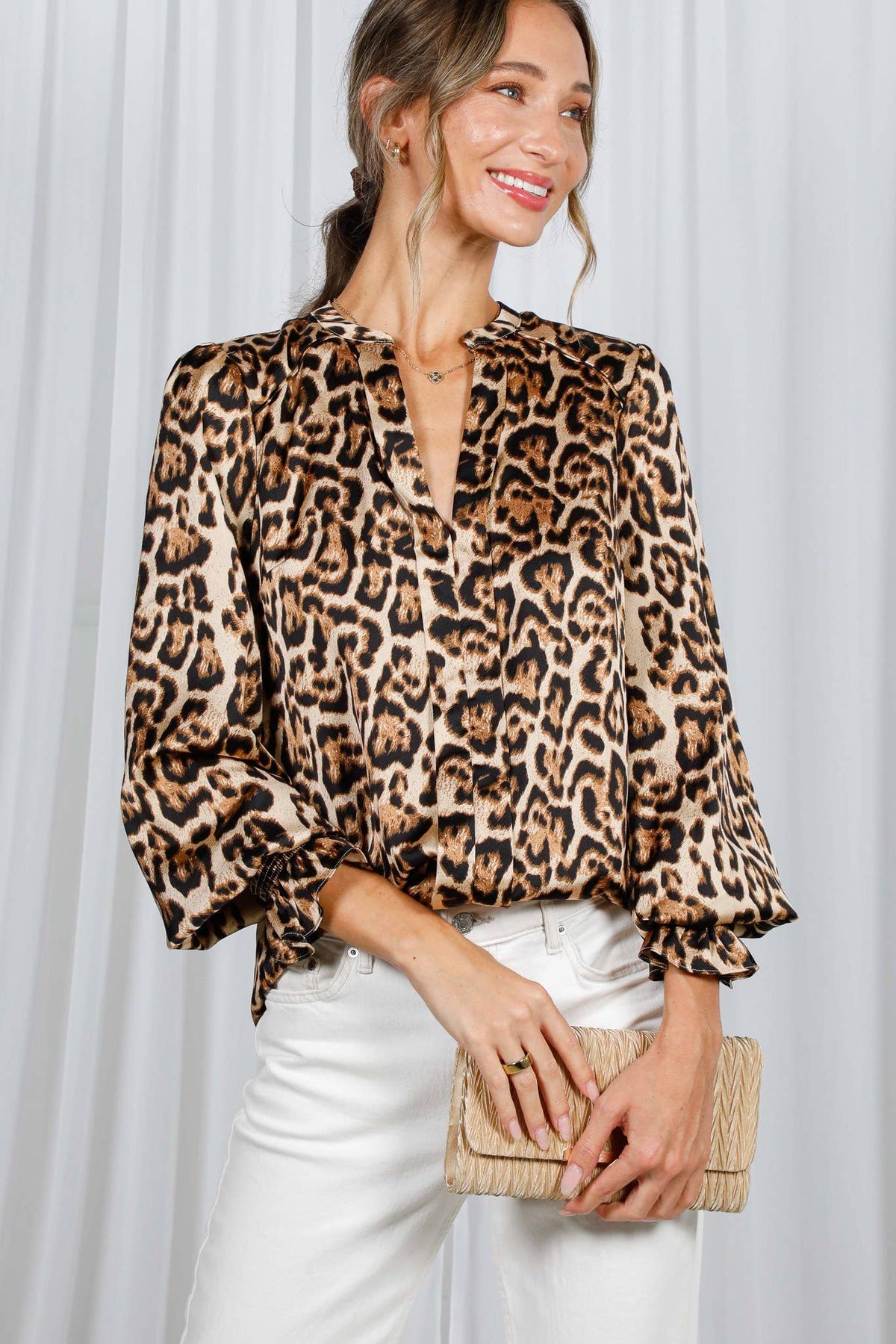 Henley Neck Elastic Smocked Leopard Print Blouse VT31377T: Brown / M