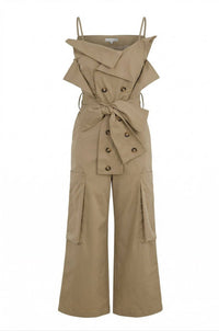 Off Shoulder Trench Style Cargo Jumpsuit: L