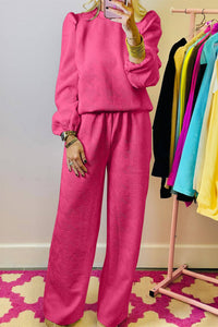 Puff Sleeve Top and Pants Set: Rose Red  or Black