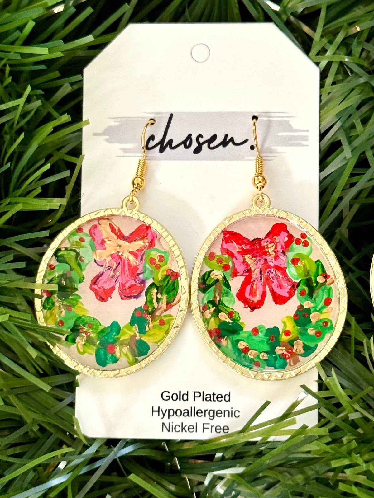 Welcome Wreath Hand Painted Leather Earrings: Cream background