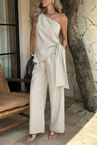 CWSTB01347_ELEGANT RESORT-STYLE BEIGE OFF-SHOULDER SUIT: KHAKI / (M) 1